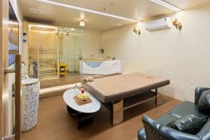 A massage room at Mr Spa with a brown-covered treatment bed, glass sauna enclosure and bathtub.